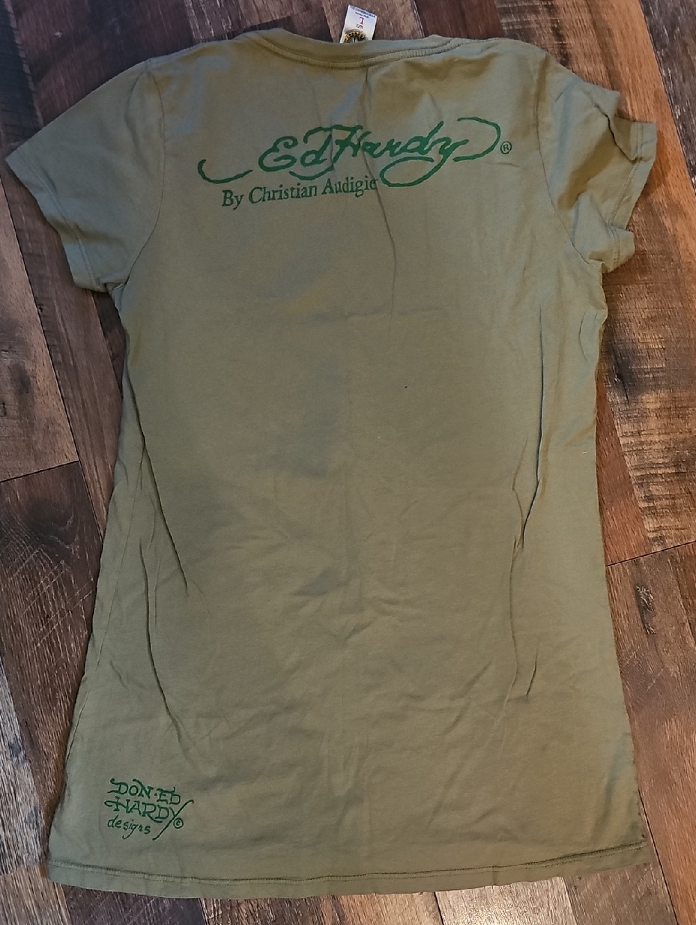 Ed Hardy Olive Tee with Purple Rose and Red Heart Graphic - Picture 6 of 7